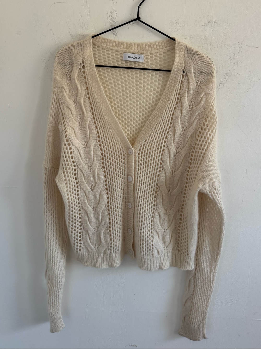 NAADAM Ivory Airy Cable Knit Wool Cashmere Cardigan M